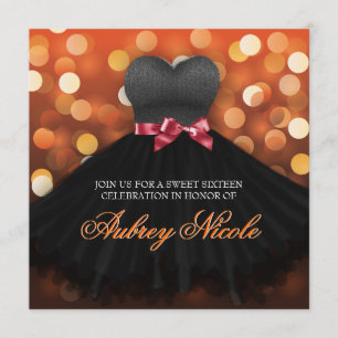 Orange Sweet Sixteen Black Dress Birthday Invite