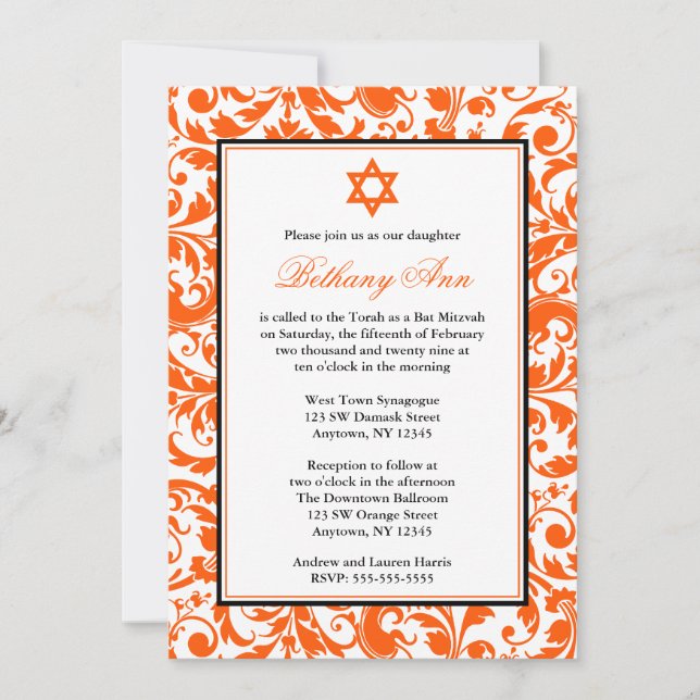 Orange Swirl Damask Bat Mitzvah Invitations (Front)