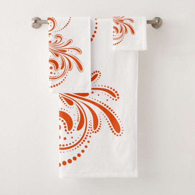 Orange swirl on white background bath towel set (Insitu)