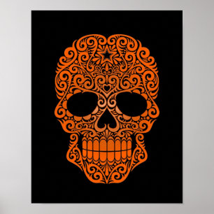 Orange Swirling Sugar Skull on Black Poster