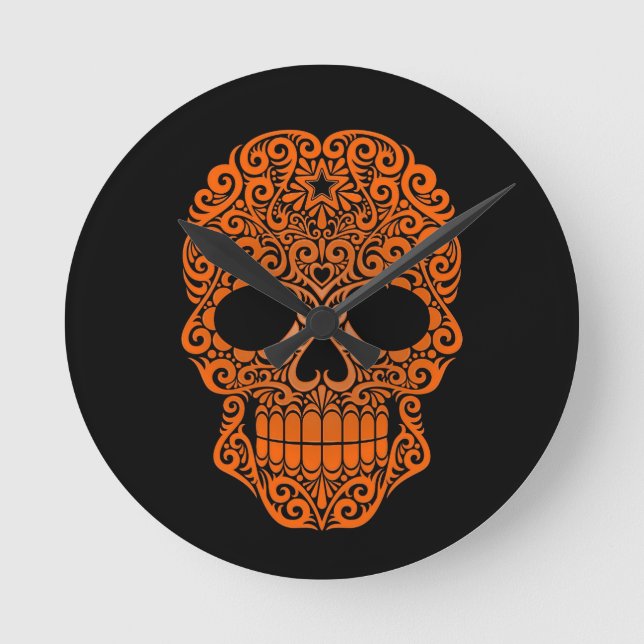 Orange Swirling Sugar Skull on Black Round Clock (Front)