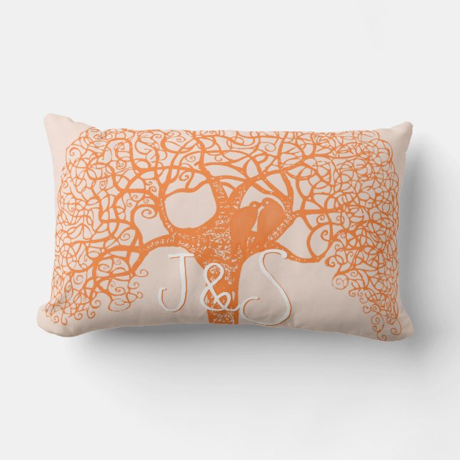 Orange Swirly Tree Love Bird Choose Colour Pillow (Front)