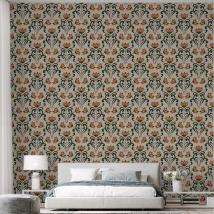 Orange Symmetric Art Nouveau Flowers Wallpaper