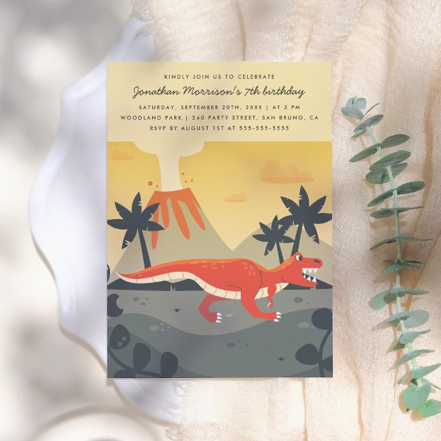 Orange T-Rex & Volcano Modern Boy Birthday Party Invitation (Creator Uploaded)
