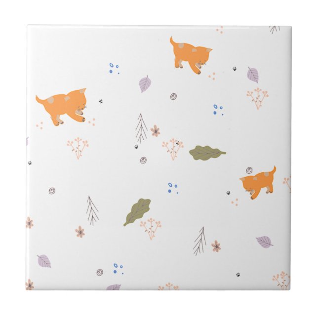 Orange Tabby and Leaves Pattern Ceramic Tile (Front)