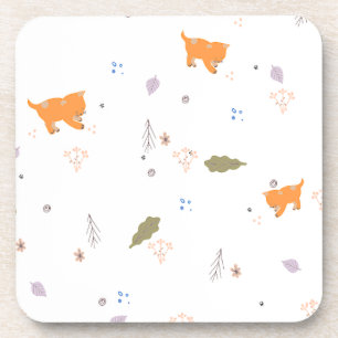 Orange Tabby and Leaves Pattern Coaster