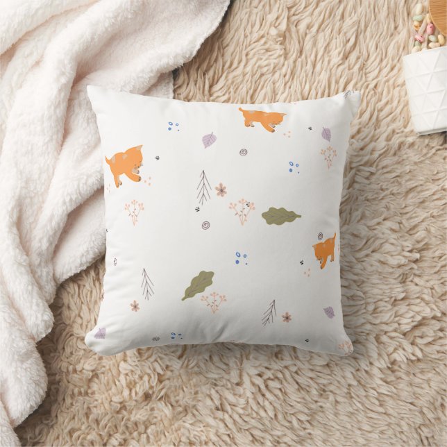 Orange Tabby and Leaves Pattern Cushion (Blanket)