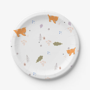 Orange Tabby and Leaves Pattern Paper Plate