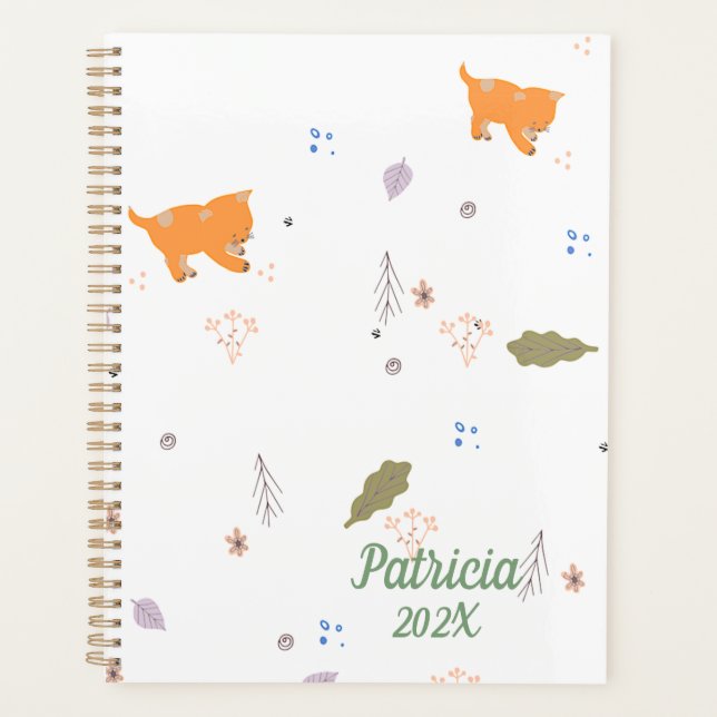 Orange Tabby and Leaves Pattern  Planner (Front)