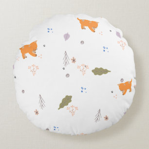 Orange Tabby and Leaves Pattern  Round Cushion