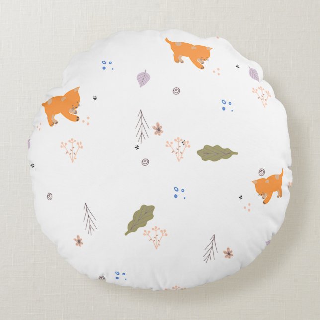 Orange Tabby and Leaves Pattern  Round Cushion (Front)