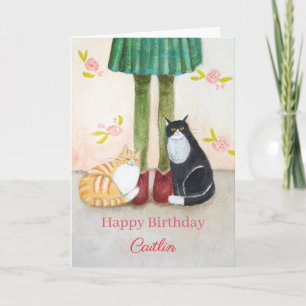 Orange Tabby and Tuxedo Cat Cuddle Custom Birthday Card