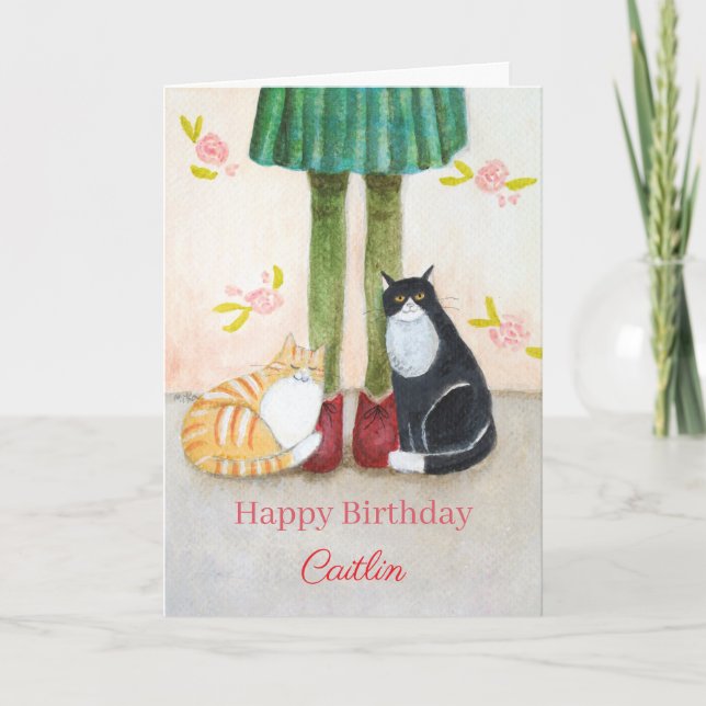Orange Tabby and Tuxedo Cat Cuddle Custom Birthday Card (Front)