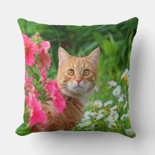 Orange Tabby Cat Among Flowers Throw Pillow