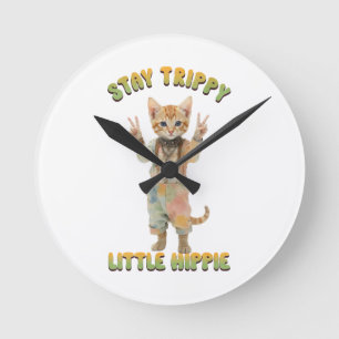 Orange Tabby Cat Boho Stay Trippy Little Hippie  Round Clock