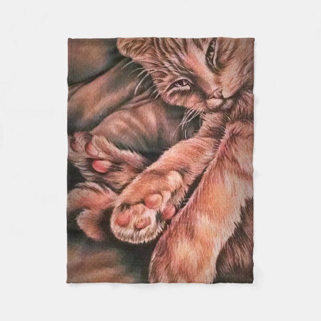 Orange Tabby Cat Drawing Curled Up Fleece Blanket (Front)