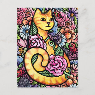 Orange Tabby Cat Flower Garden Postcard