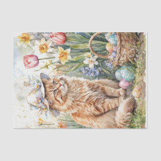 Orange Tabby Cat in Hat Easter Basket  Tissue Paper