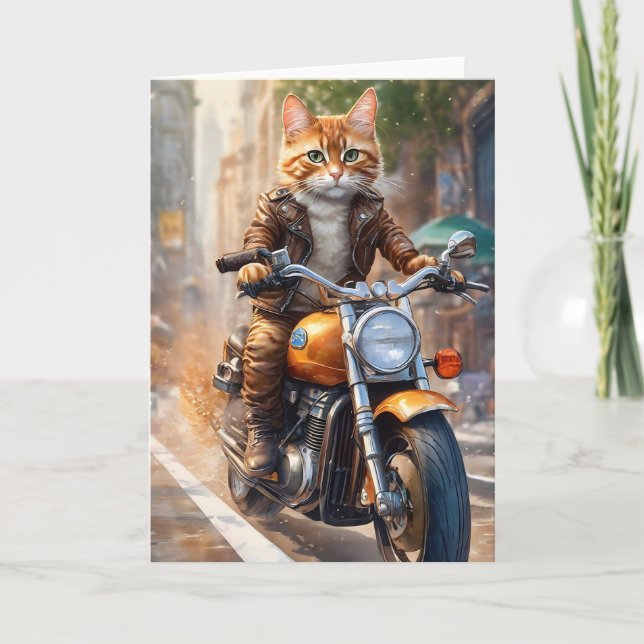 Orange Tabby Cat Out for a Motorcycle Ride Card (Front)