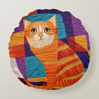Orange Tabby Cat Patchwork Quilt Pattern Round Cushion