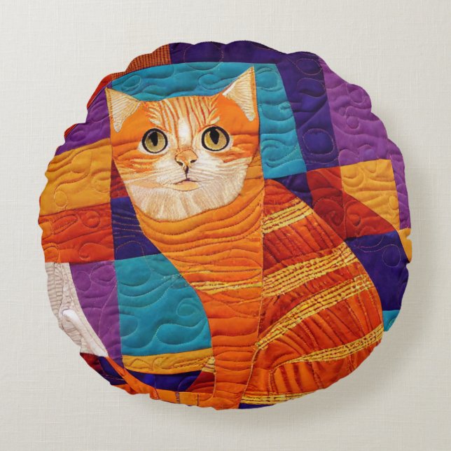 Orange Tabby Cat Patchwork Quilt Pattern Round Cushion (Front)