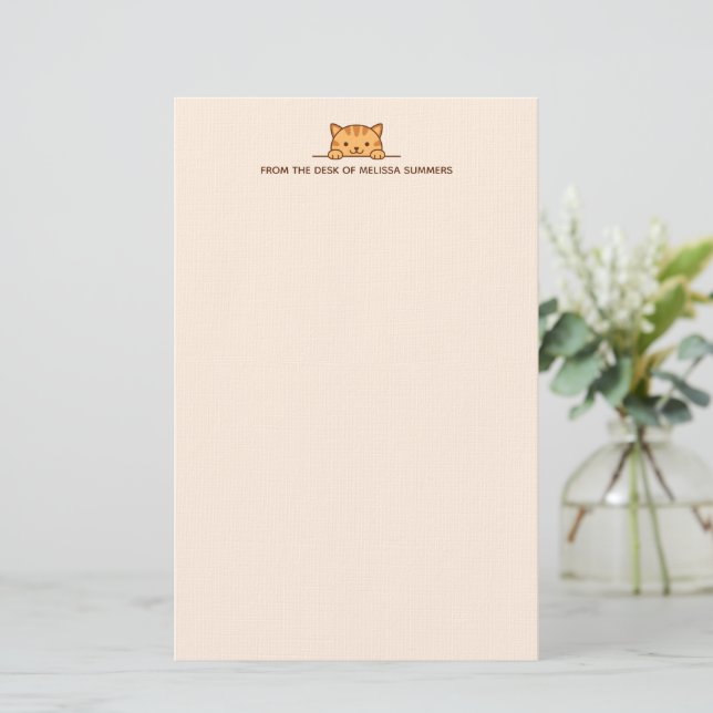 Orange Tabby Cat Peeking above Custom Text Beige Stationery (Standing Front)