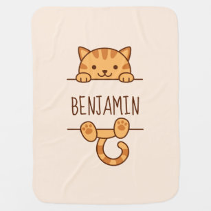 Orange Tabby Cat Peeking behind Custom Name Baby Blanket