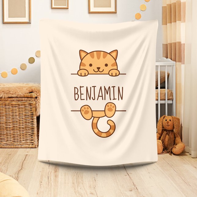 Orange Tabby Cat Peeking behind Custom Name Fleece Blanket (Creator Uploaded)