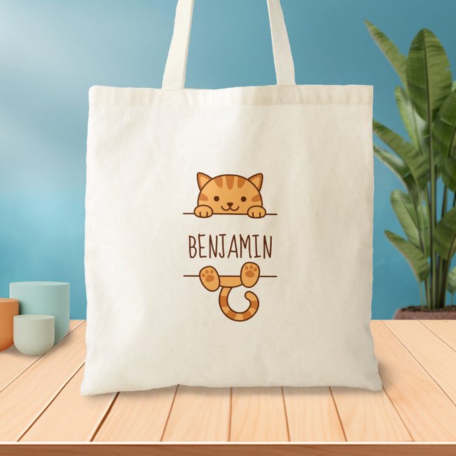 Orange Tabby Cat Peeking behind Custom Name Tote Bag (Creator Uploaded)
