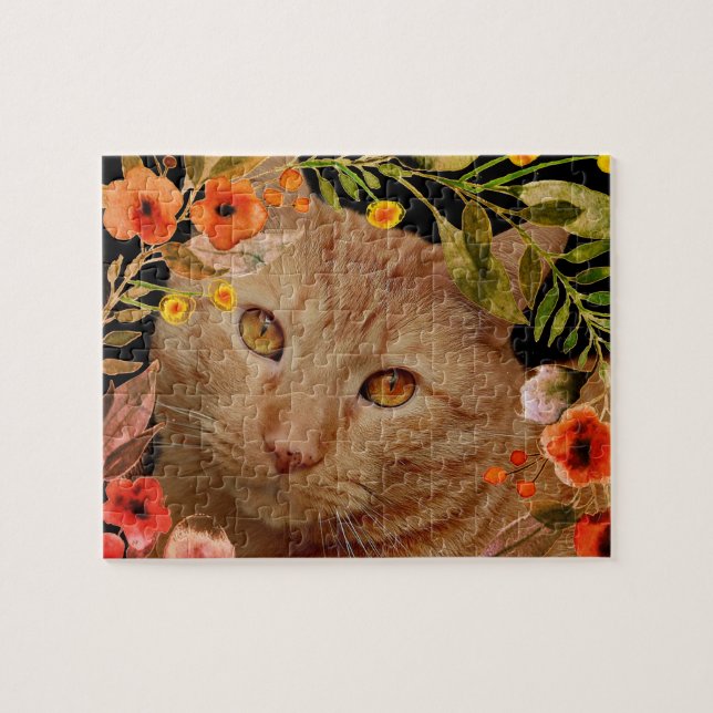 Orange Tabby Cat Photo with Flower Frame Jigsaw Jigsaw Puzzle (Horizontal)