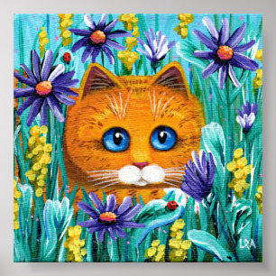 Orange Tabby Cat Purple Aster Flowers Creationarts Poster