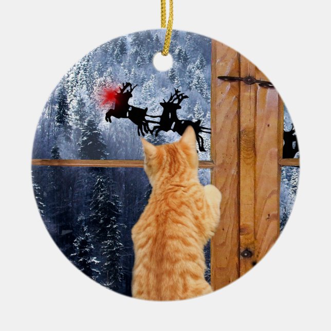 Orange tabby cat red dot Christmas Ceramic Ornament (Front)
