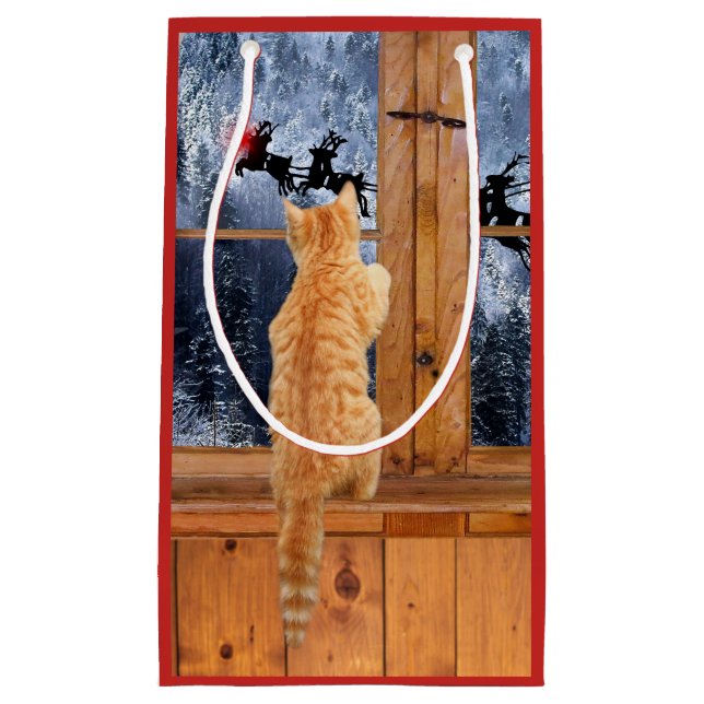 Orange tabby cat red dot Christmas Small Gift Bag (Front)