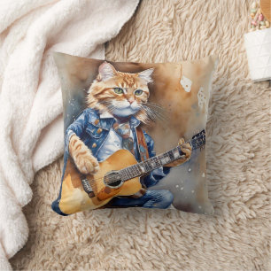 Orange Tabby Cat Rock Star Playing Acoustic Guitar Cushion