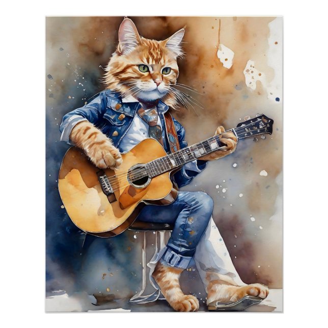 Orange Tabby Cat Rock Star Playing Acoustic Guitar Poster (Front)
