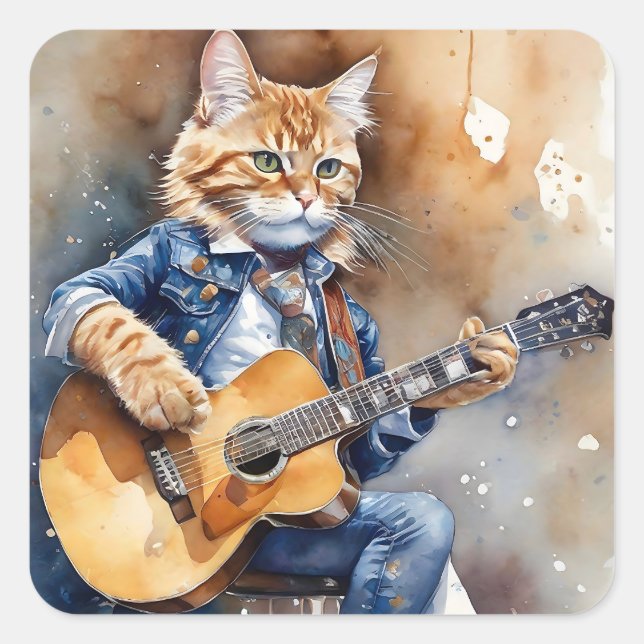 Orange Tabby Cat Rock Star Playing Acoustic Guitar Square Sticker (Front)