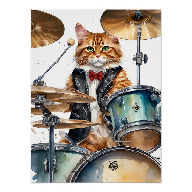 Orange Tabby Cat Rock Star Playing Drums Red Tie Poster (Front)