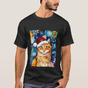 Orange Tabby Cat Santa Starry Night Christmas Art T-Shirt