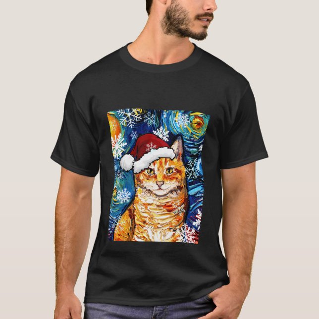 Orange Tabby Cat Santa Starry Night Christmas Art  T-Shirt (Front)