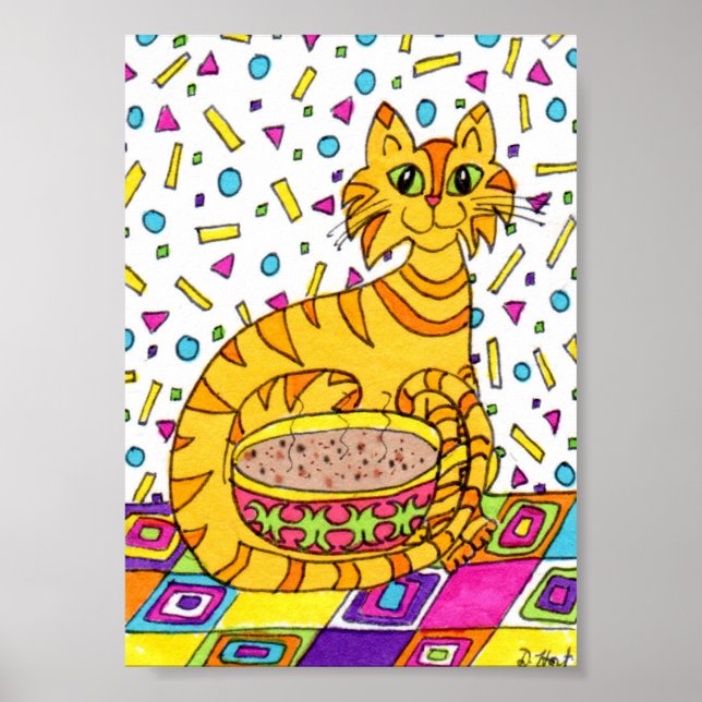 Orange Tabby Cat with Cappuccino Mini Folk Art Poster (Front)