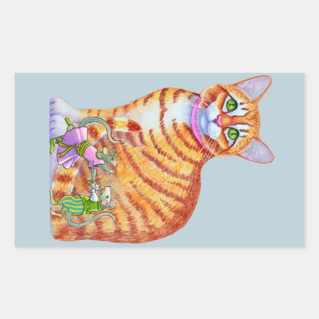 Orange Tabby Cat with Dancing Mice Front Rectangular Sticker (Front)