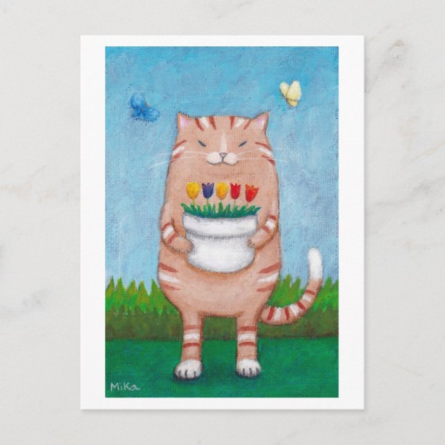 Orange Tabby Cat with Flowers Butterflies Postcard (Front)
