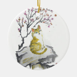 Orange Tabby Cat with Plum Blossoms Ornament