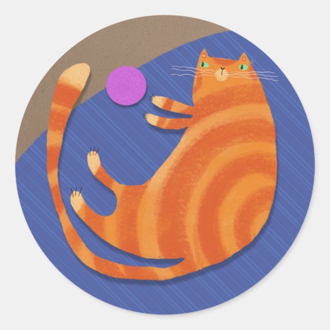 Orange tabby cat with toy classic round sticker (Front)