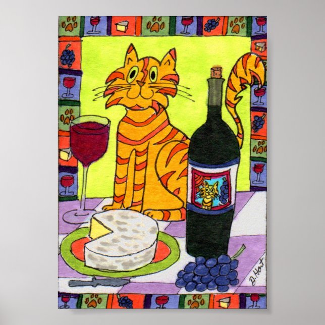 Orange Tabby Cat with Wine & Cheese Mini Folk Art Poster (Front)