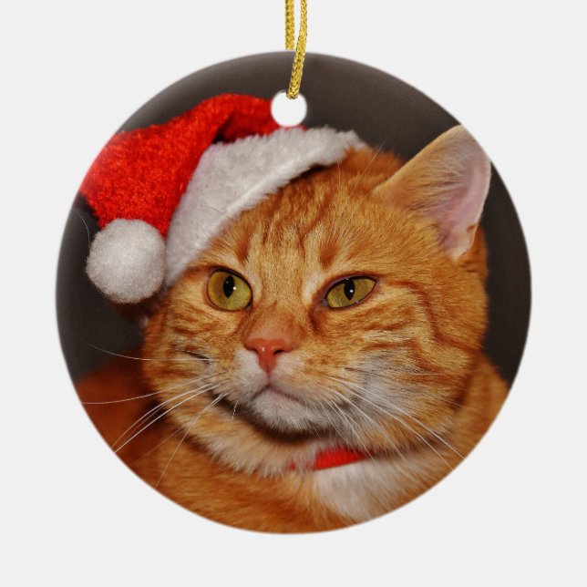 Orange Tabby Christmas Cat Ceramic Ornament (Front)