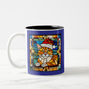Orange Tabby Christmas Stained Glass Two-Tone Coffee Mug