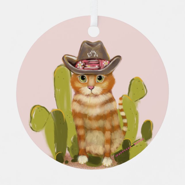 Orange Tabby Cowboy Cat Metal Tree Decoration (Front)