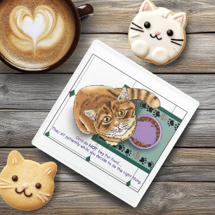 Orange Tabby Food Bowl Kitchen Glass Coaster