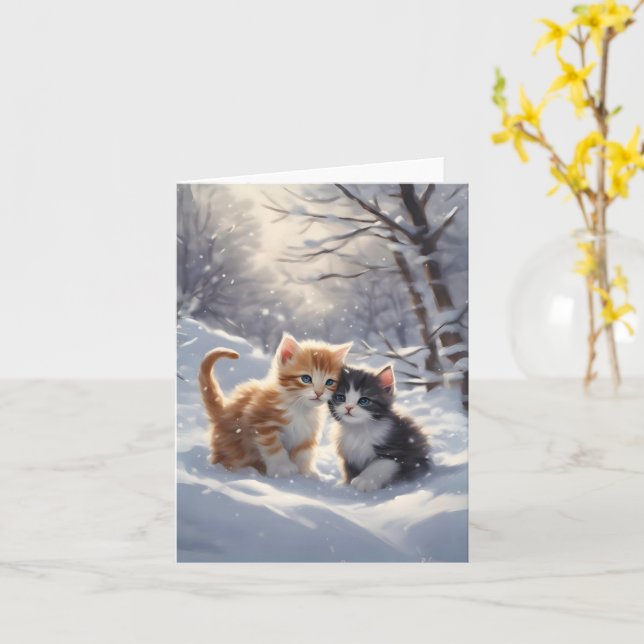 Orange Tabby Grey and White Cats Blank Greeting Card (Yellow Flower)